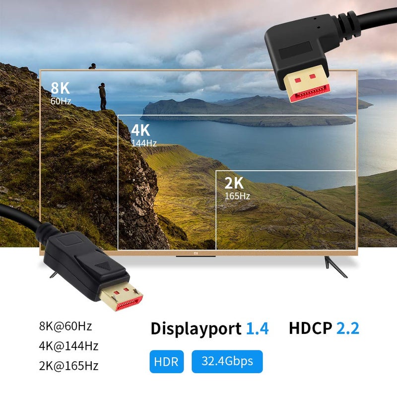 BolAAzuL 90 Degree Displayport 1.4 Adapter Cable, Right Angle Display Port Cable Right Angled 8K/60Hz, 4K/144Hz 6ft/1.8m Male/Male High Speed for SSUPD Meshlicious/Vertical Mounted GPU - Image 2